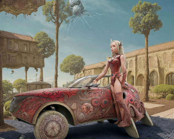 Futuristic humanoid figure with unique car in surreal landscape