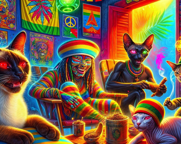 Colorful Room with Cats and Face-Painted Person