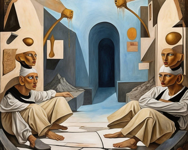 Surreal Interior Space with Figures and Geometric Shapes