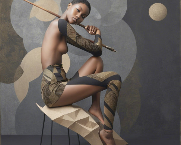 Model on Abstract Chair with Body Art and Spear