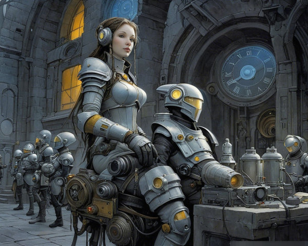 Futuristic Woman in Metallic Armor with Robots and Machinery