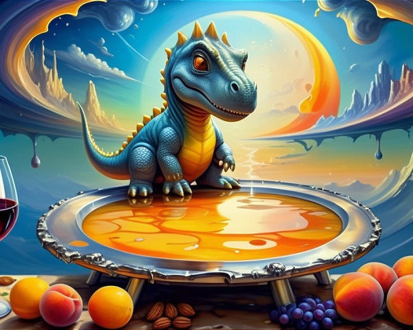 Blue Dinosaur on Silver Platter with Fantasy Elements