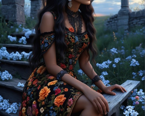 Woman in Floral Dress on Wooden Steps with Flowers