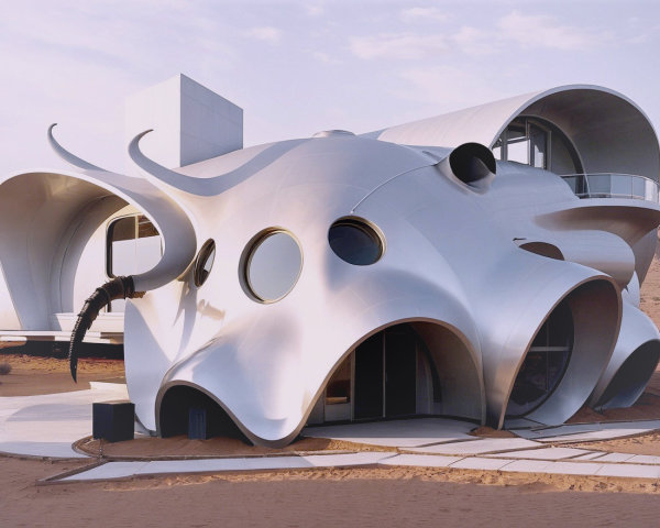 Futuristic Building with Organic Design and Metallic Finish