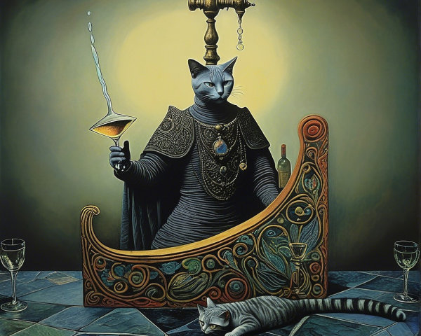 Regal Gray Cat in Ornate Garments with Cocktail Glass