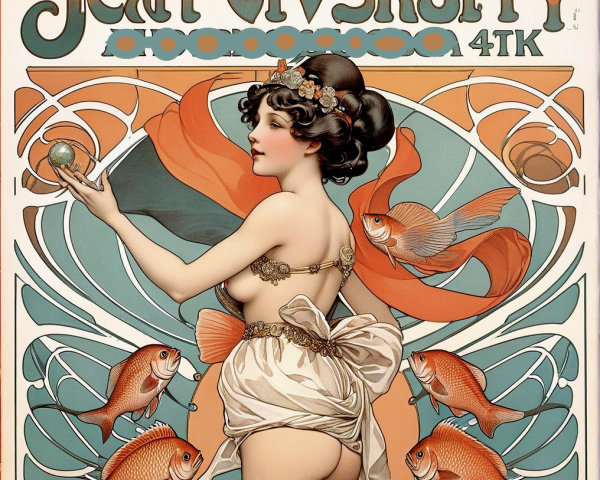Art Nouveau Woman with Globe and Decorative Elements
