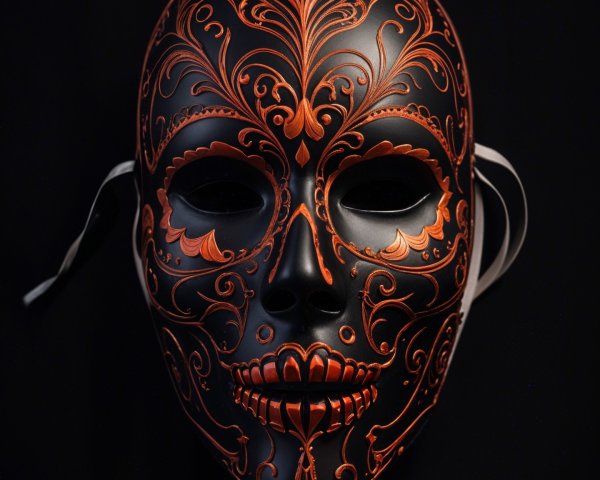 Black Mask with Orange Floral Patterns and Skull Motif