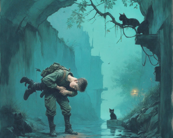 Soldier Cradles Comrade in Abandoned Misty Alley