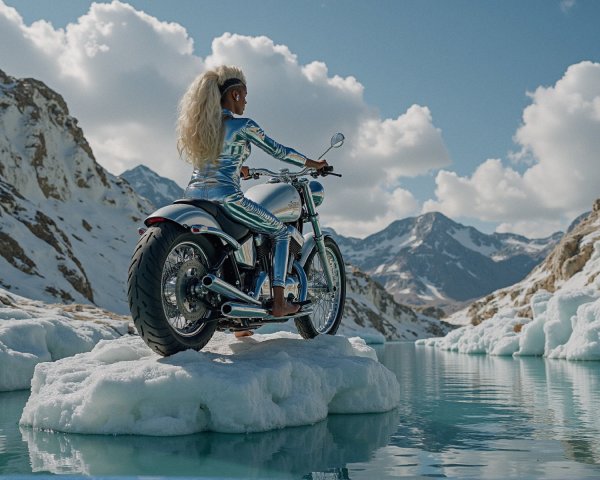 Blonde figure on motorcycle in glacial landscape