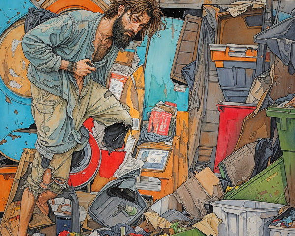 Disheveled Man in Chaotic Trash Scene with Bins