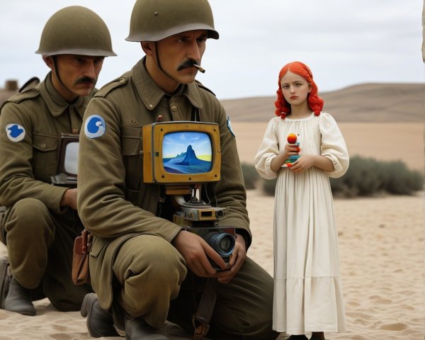 Desert Scene with Soldiers and Girl in Vintage Attire