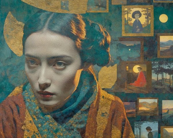 Contemplative Woman in Textured Robe with Golden Patterns