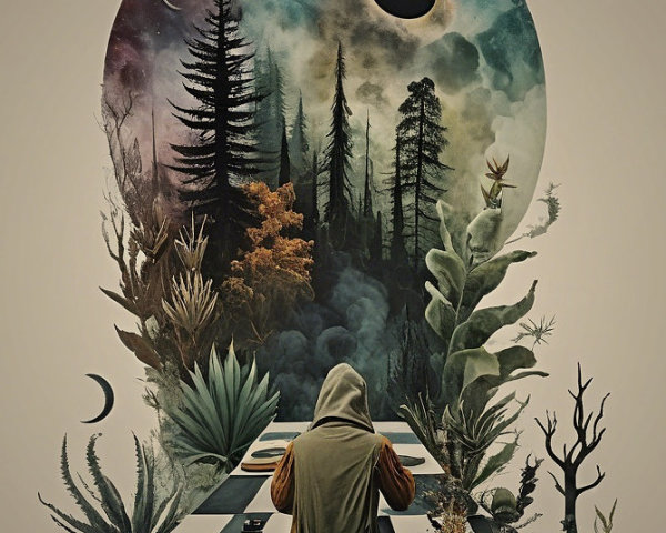 Solitary Figure in Cloak Amid Surreal Nightscape