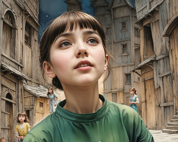 Whimsical Village Scene with Curious Young Girl
