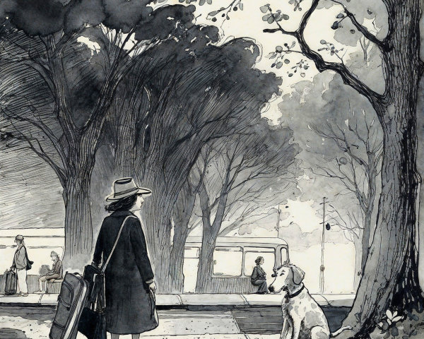 Lone Figure and Dog at Tree-Lined Bus Stop Scene