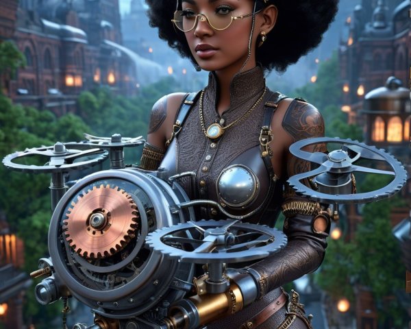Steampunk Female Figure in Futuristic Cityscape