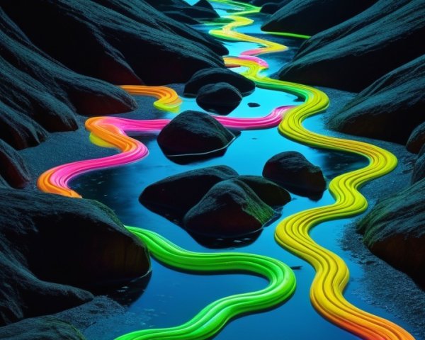 Surreal River Scene with Neon Colors and Lush Landscape