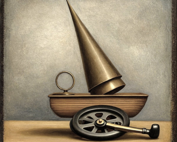 Surreal Composition of Brass Funnel and Vintage Wheel