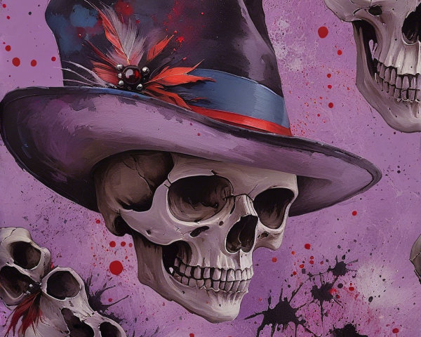 Purple Background with Stylized Skulls and Hats