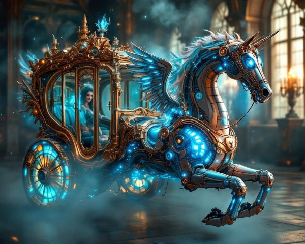 Futuristic Steampunk Carriage with Unicorn and Wings