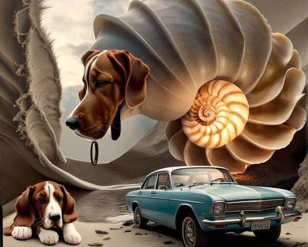 Surreal Landscape with Giant Dog and Seashell