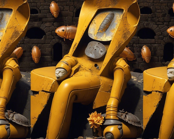 Surreal Yellow Robot Against Textured Stone Wall