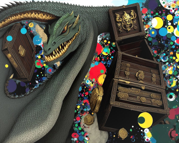 Majestic dragon with treasure chests and colorful background