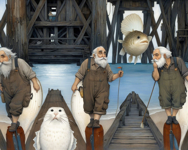 Whimsical Coastal Scene with Fishermen and Seal