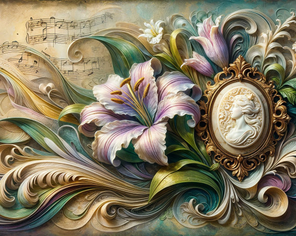 Vibrant Design with Floral Elements and Cameo Portrait