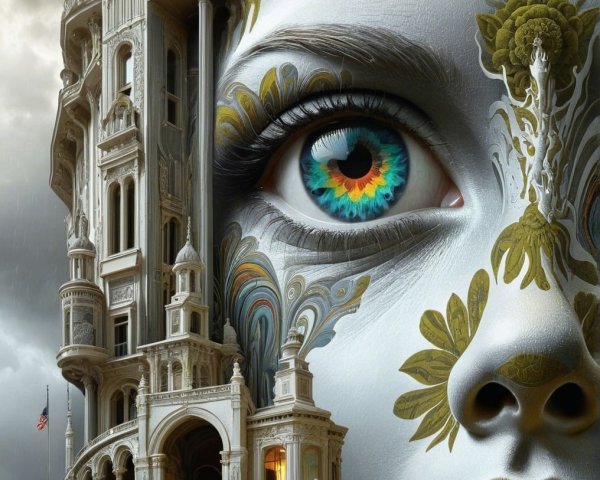 Surreal Fusion of Woman's Face and Ornate Architecture