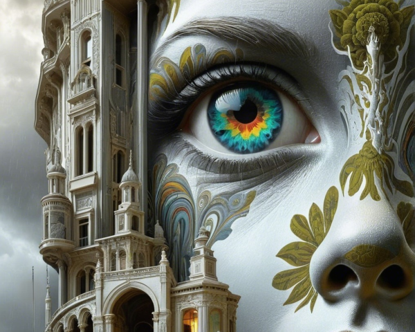 Surreal Fusion of Woman's Face and Ornate Architecture