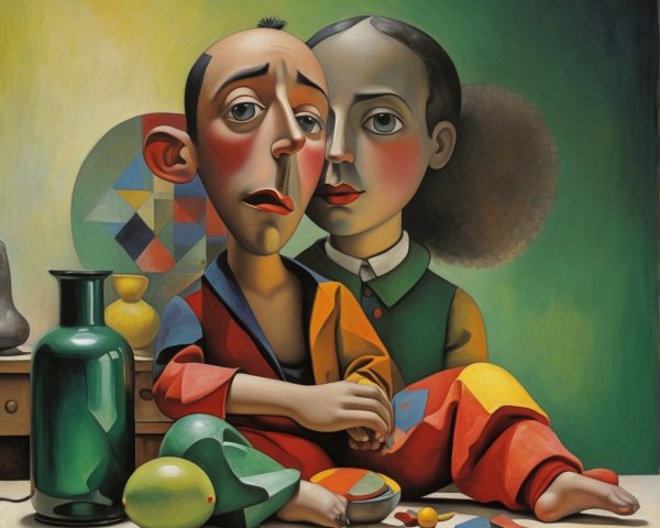 Cubist Artwork with Two Figures and Geometric Shapes