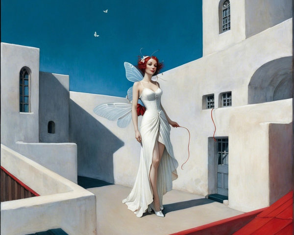 Surreal Figure with Wings on Red Rooftop Scene