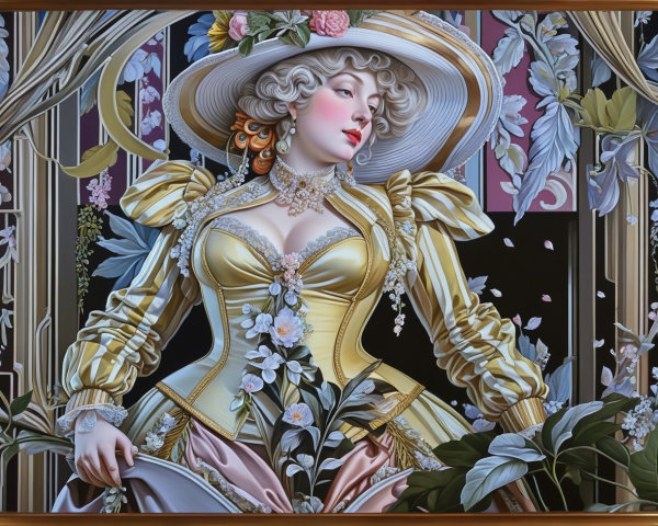 Elegant Woman in Floral Gown and Hat Artwork