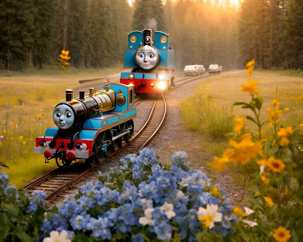 Blue Steam Engines in a Serene Forest at Sunset