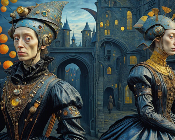 Elaborate Metallic Attire in Steampunk Fantasy Scene