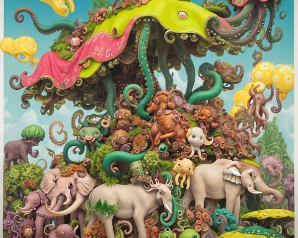 Vibrant Fantasy Landscape with Whimsical Creatures