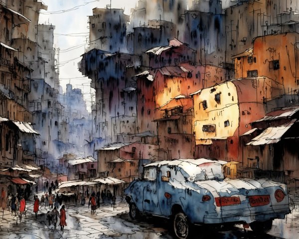 Watercolor Urban Street Scene with Vintage Car