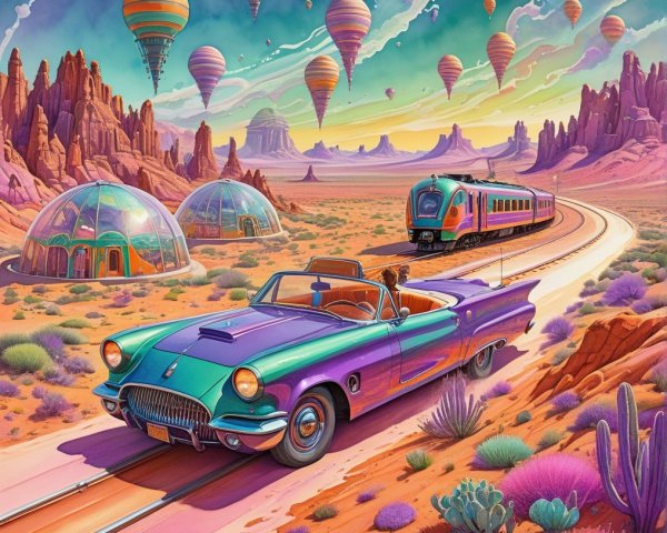 Surreal Landscape with Convertible and Hot Air Balloons
