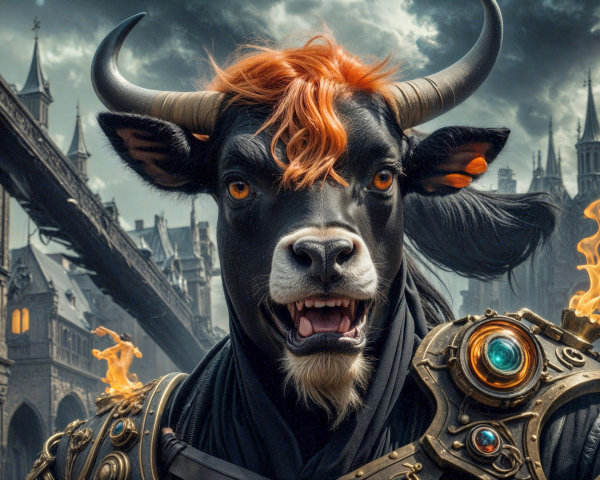 Fierce Anthropomorphic Bull in Gothic Cityscape