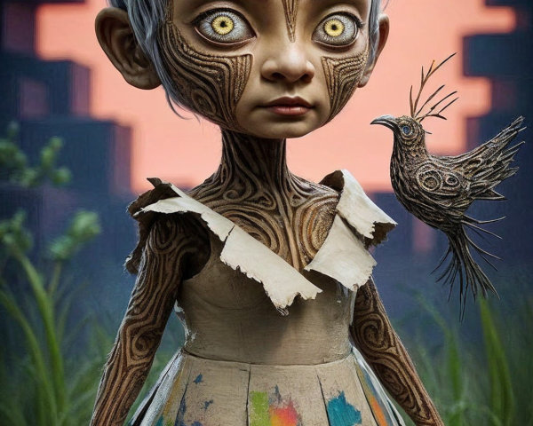 Whimsical Character Surrounded by Lush Greenery