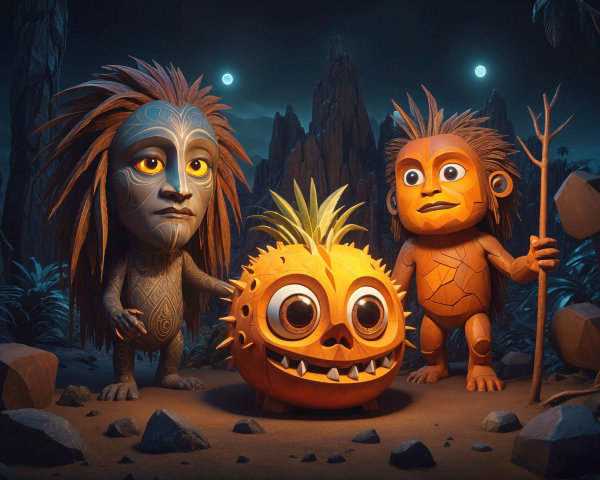 Mystical Landscape with Stylized Characters and Moons