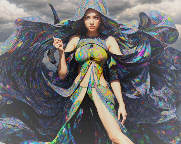 Mystical Figure in Vibrant Gown Under Stormy Sky
