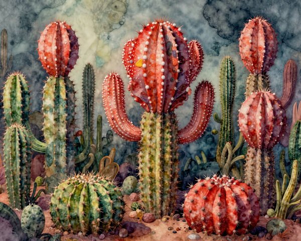 Watercolor Illustration of Cacti in Desert Setting