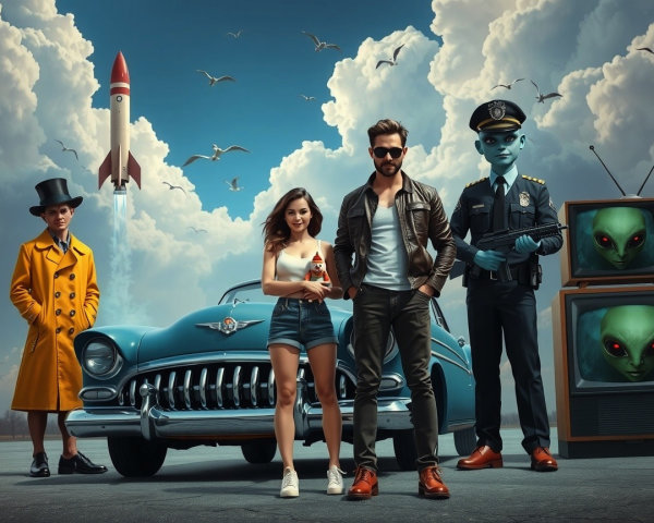 Vintage Blue Car Under Dramatic Sky with Figures