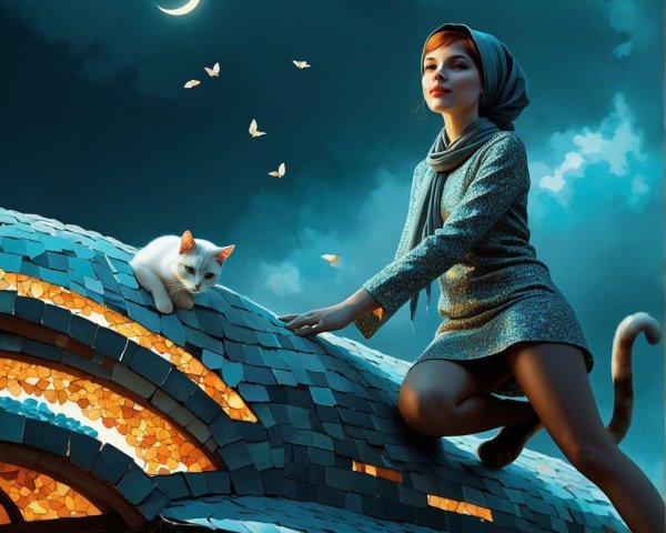 Young Woman with Cat on Rooftop Under Moonlight