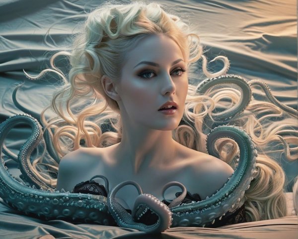 Dramatic portrait of a woman with an octopus

