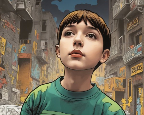 Young Boy in City Street with Newspapers and Graffiti