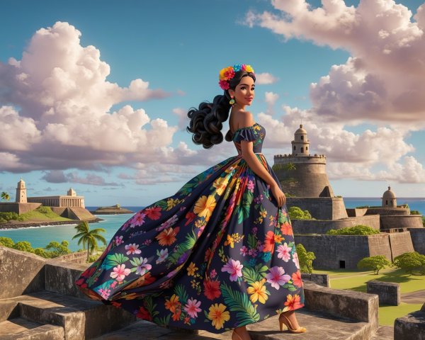 Vibrant Animated Scene of Woman in Floral Gown