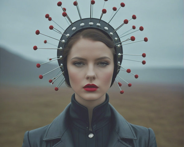 Avant-garde woman with dramatic headpiece and coat